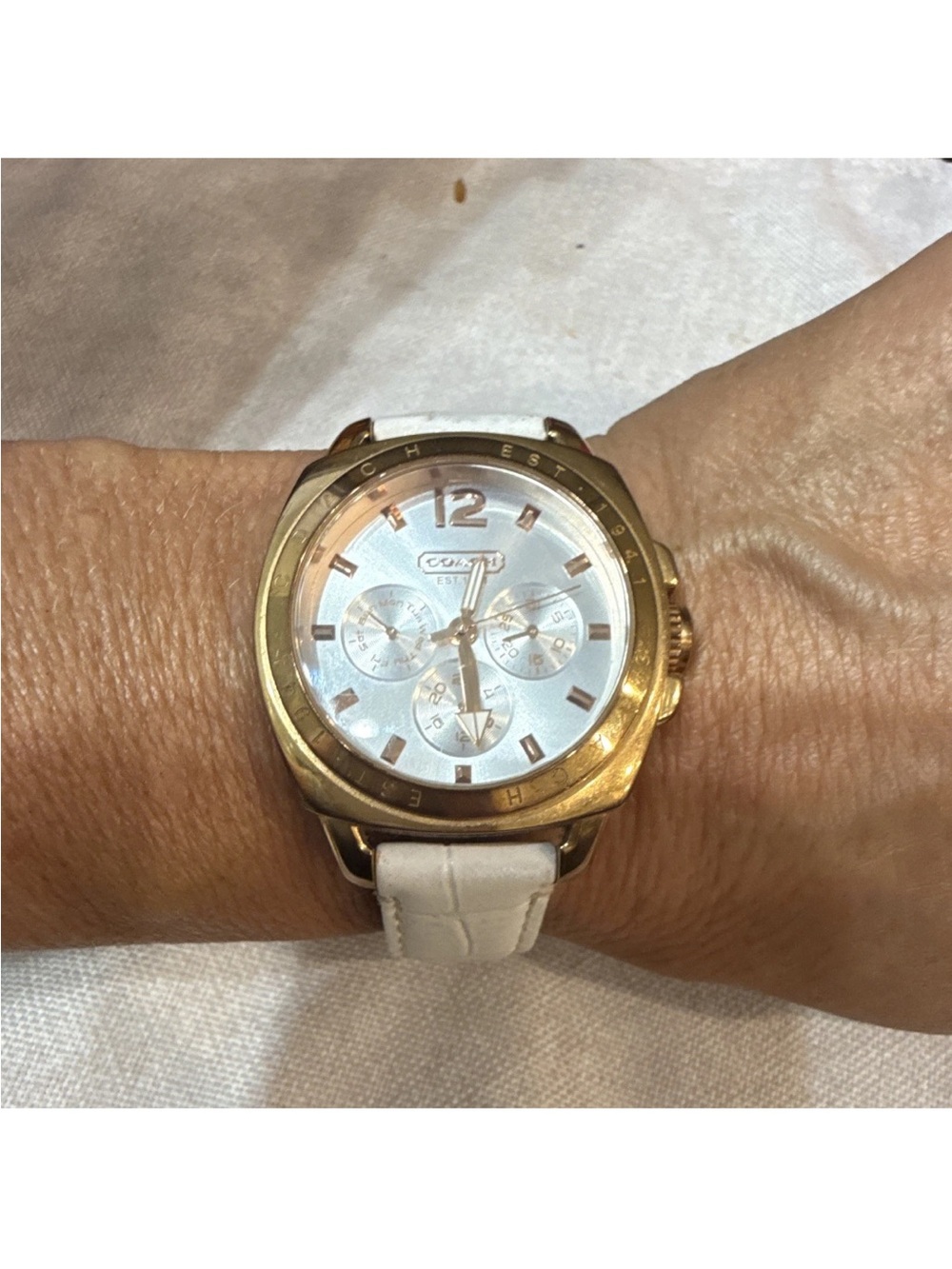 Coach Gold-Tone Chronograph Watch with White Leather Strap 34 mm